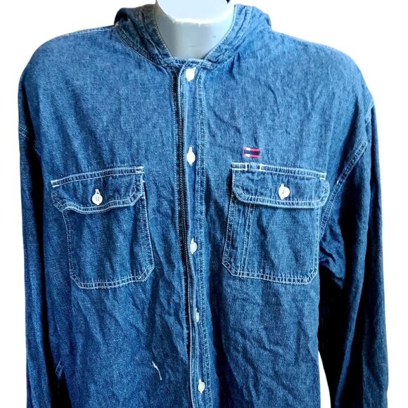 Men's Vtg Hoody Shirt XL Denim Hooded Jacket Bugle Boy Y2K Button-Up Raw Cotton - Picture 1 of 7
